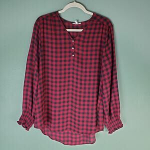 Maurices Womens Red Black Gingham Semi Sheer Long Sleeve Blouse Top Size Medium